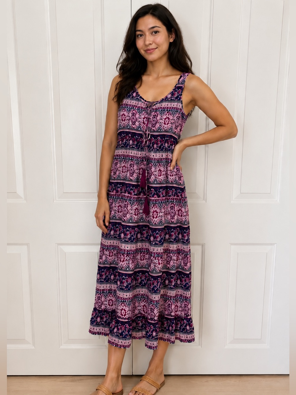 beachlunchlounge Printed Cotton Maxi Dress in Pink and Navy
